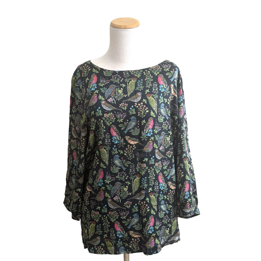 J. Jill Top M/L Black Colorful Birds Floral Viscose 3/4 Sleeve Pullover Blouse